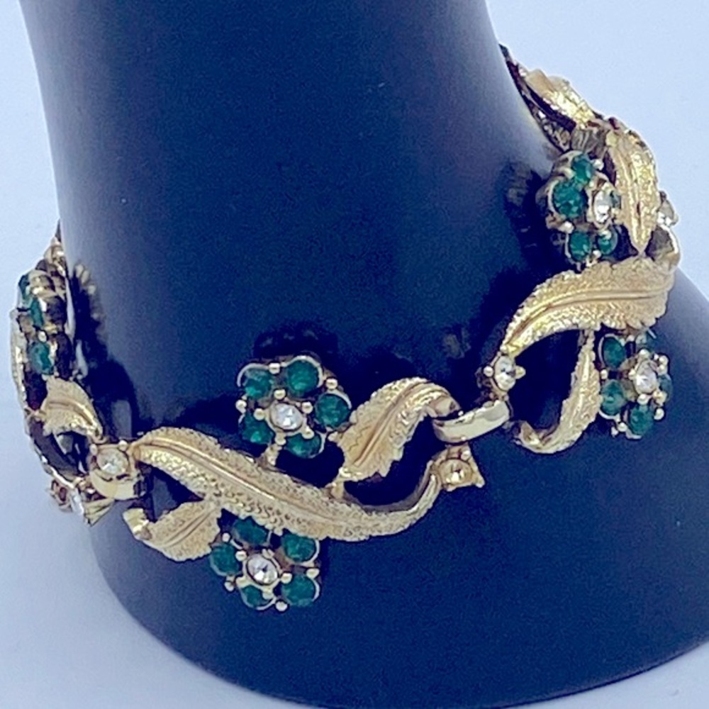 Vintage CORO Signed Gold Tone Bracelet Green And Clear Rhinestones Floral Design